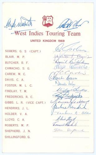 &lsquo;West Indies Touring Team United Kingdom 1969&rsquo;. Official autograph card with printed title and players names, signed in blue ink by fifteen of the listed players and two others, seventeen signatures in total. Players&rsquo; signatures are Sobers (Captain), Blai