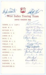 &lsquo;West Indies Touring Team United Kingdom 1969&rsquo;. Official autograph card with printed title and players names, signed in blue ink by fifteen of the listed players and two others, seventeen signatures in total. Players&rsquo; signatures are Sobers (Captain), Blai