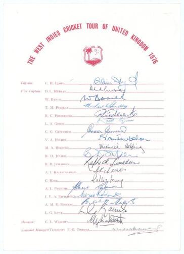 West Indies tour to England 1976. Official autograph sheet with printed title and players&rsquo; names. Fully signed in ink by all nineteen members of the touring party. Players&rsquo; signatures are Lloyd (Captain), Murray, Daniel, Findlay, Fredericks, Gomes, Greeni