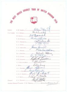 West Indies tour to England 1976. Official autograph sheet with printed title and players&rsquo; names. Fully signed in ink by all nineteen members of the touring party. Players&rsquo; signatures are Lloyd (Captain), Murray, Daniel, Findlay, Fredericks, Gomes, Greeni