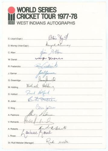 West Indies. &lsquo;World Series Cricket Tour 1977-78&rsquo;. Official autograph sheet with printed title and players&rsquo; names, nicely and fully signed by the sixteen members of the West Indies touring party. Signatures are Lloyd (Captain), Murray, Allen, Daniel, Frede