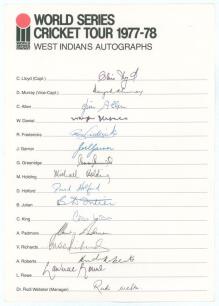 West Indies. &lsquo;World Series Cricket Tour 1977-78&rsquo;. Official autograph sheet with printed title and players&rsquo; names, nicely and fully signed by the sixteen members of the West Indies touring party. Signatures are Lloyd (Captain), Murray, Allen, Daniel, Frede