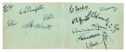 New Zealand tour to England 1931. Joined album page signed in ink by all fourteen members of the New Zealand touring party. Signatures are Lowry (Captain), Weir, Dempster, James, Matheson, Talbot, Blunt, Merritt, Vivian, Kerr, Mills, Allcott, Page and Cro