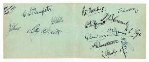 New Zealand tour to England 1931. Joined album page signed in ink by all fourteen members of the New Zealand touring party. Signatures are Lowry (Captain), Weir, Dempster, James, Matheson, Talbot, Blunt, Merritt, Vivian, Kerr, Mills, Allcott, Page and Cro