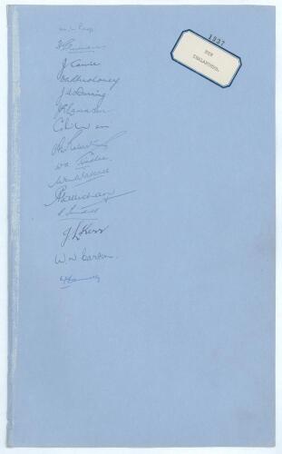 New Zealand 1937. Large sheet of &lsquo;ledger&rsquo; size paper (9.5&rdquo;x15.5&rdquo;) very nicely signed by the New Zealand touring party to England in 1937, title to right hand side. Fifteen ink signatures including Page (Cpt), Vivian, Cowie, Moloney, Dunning, W.A. Hadlee, 