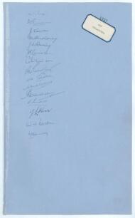 New Zealand 1937. Large sheet of &lsquo;ledger&rsquo; size paper (9.5&rdquo;x15.5&rdquo;) very nicely signed by the New Zealand touring party to England in 1937, title to right hand side. Fifteen ink signatures including Page (Cpt), Vivian, Cowie, Moloney, Dunning, W.A. Hadlee, 
