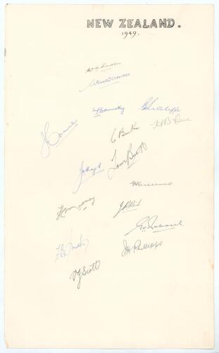 New Zealand 1949. Large sheet of &lsquo;ledger&rsquo; size paper (9.5&rdquo;x15.5&rdquo;) very nicely signed by the New Zealand touring party to England in 1949, title in ink to top border. Sixteen ink signatures including W.A. Hadlee (Cpt), Sutcliffe, Wallace, Donnelly, Cowie, 