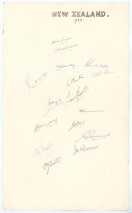 New Zealand 1949. Large sheet of &lsquo;ledger&rsquo; size paper (9.5&rdquo;x15.5&rdquo;) very nicely signed by the New Zealand touring party to England in 1949, title in ink to top border. Sixteen ink signatures including W.A. Hadlee (Cpt), Sutcliffe, Wallace, Donnelly, Cowie, 