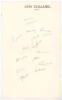 New Zealand 1949. Large sheet of &lsquo;ledger&rsquo; size paper (9.5&rdquo;x15.5&rdquo;) very nicely signed by the New Zealand touring party to England in 1949, title in ink to top border. Sixteen ink signatures including W.A. Hadlee (Cpt), Sutcliffe, Wallace, Donnelly, Cowie, 