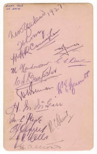 New Zealand tour to England 1927. Album page nicely signed in pencil by all fourteen members of the New Zealand touring party. Signatures are Lowry (Captain), Henderson, Page, Dacre, Bernau, Blunt, Mills, Cunningham, Dempster, McGirr, Oliver, Merritt, Jam