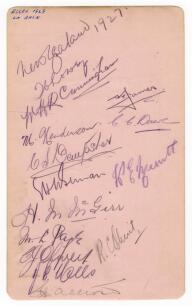 New Zealand tour to England 1927. Album page nicely signed in pencil by all fourteen members of the New Zealand touring party. Signatures are Lowry (Captain), Henderson, Page, Dacre, Bernau, Blunt, Mills, Cunningham, Dempster, McGirr, Oliver, Merritt, Jam