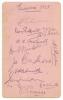 New Zealand tour to England 1927. Album page nicely signed in pencil by all fourteen members of the New Zealand touring party. Signatures are Lowry (Captain), Henderson, Page, Dacre, Bernau, Blunt, Mills, Cunningham, Dempster, McGirr, Oliver, Merritt, Jam - 2
