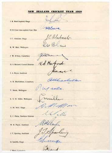 New Zealand tour to England 1958. Large official autograph sheet with printed title and players&rsquo; names, fully and nicely signed in ink by all eighteen of the listed members of the New Zealand touring party. Signatures are Reid (Captain), Cave, Alabaster, 