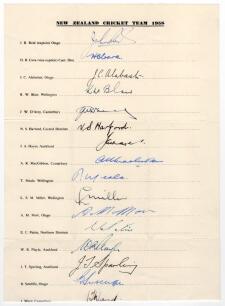 New Zealand tour to England 1958. Large official autograph sheet with printed title and players&rsquo; names, fully and nicely signed in ink by all eighteen of the listed members of the New Zealand touring party. Signatures are Reid (Captain), Cave, Alabaster, 