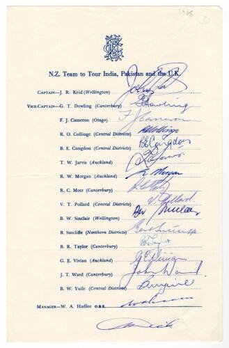 New Zealand tour to India, Pakistan and England 1965. Official autograph sheet signed in ink by all sixteen members of the New Zealand touring party. Players&rsquo; signatures are Reid (Captain), Dowling, Cameron, Collinge, Congdon, Jarvis, Morgan, Motz, Pollar
