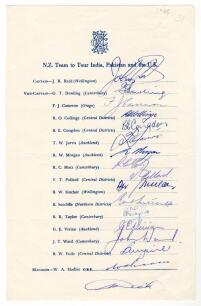 New Zealand tour to India, Pakistan and England 1965. Official autograph sheet signed in ink by all sixteen members of the New Zealand touring party. Players&rsquo; signatures are Reid (Captain), Dowling, Cameron, Collinge, Congdon, Jarvis, Morgan, Motz, Pollar