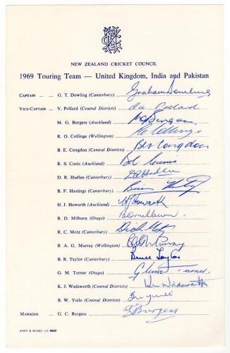 New Zealand tour to United Kingdom, India and Pakistan 1969. Official &lsquo;New Zealand Cricket Council&rsquo; autograph sheet nicely signed in ink by all seventeen members of the touring party. Signatures include Dowling (Captain), Pollard, Congdon, Hadlee, Taylor,
