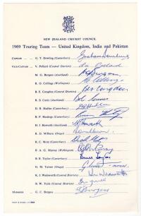 New Zealand tour to United Kingdom, India and Pakistan 1969. Official &lsquo;New Zealand Cricket Council&rsquo; autograph sheet nicely signed in ink by all seventeen members of the touring party. Signatures include Dowling (Captain), Pollard, Congdon, Hadlee, Taylor,
