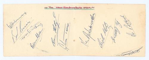 New Zealand tour to England 1969. Two joined album pages signed in ink to one side by eleven members of the New Zealand touring party. Signatures are Murray, Cunis, Yuile, Milburn, Hastings, Turner, Wadsworth, Motz, Collinge, Pollard and D. Hadlee. Also s