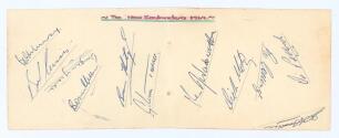 New Zealand tour to England 1969. Two joined album pages signed in ink to one side by eleven members of the New Zealand touring party. Signatures are Murray, Cunis, Yuile, Milburn, Hastings, Turner, Wadsworth, Motz, Collinge, Pollard and D. Hadlee. Also s
