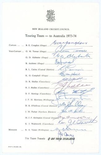 New Zealand tour to Australia 1973/74. Rarer official New Zealand Cricket Council autograph sheet with printed title and players&rsquo; names, fully and nicely signed in ink by all sixteen members of the touring party. Signatures are Congdon (Captain), Turner, 