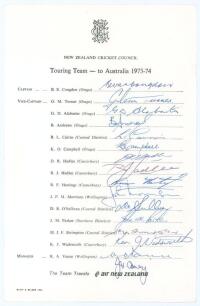 New Zealand tour to Australia 1973/74. Rarer official New Zealand Cricket Council autograph sheet with printed title and players&rsquo; names, fully and nicely signed in ink by all sixteen members of the touring party. Signatures are Congdon (Captain), Turner, 