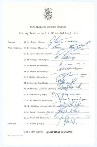 New Zealand tour to England for the Prudential World Cup 1975. Official New Zealand Cricket Council autograph sheet with printed title and players&rsquo; names, nicely signed in ink by all fifteen listed members of the New Zealand touring party. Signatures are 