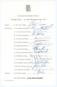 New Zealand tour to England for the Prudential World Cup 1975. Official New Zealand Cricket Council autograph sheet with printed title and players&rsquo; names, nicely signed in ink by all fifteen listed members of the New Zealand touring party. Signatures are 