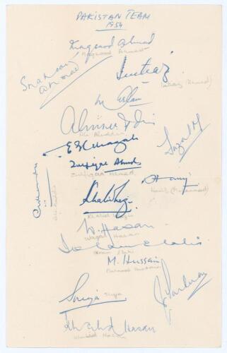 Pakistan inaugural tour to England 1954. Page nicely signed in ink by seventeen members of the Pakistan touring party. Signatures include A.H. Kardar (Captain), Shakoor Ahmed, Imtiaz Ahmed, Mohammad Aslam, Alim-ud-Din, M.E.Z. Ghazali, Zulfiqar Ahmed, Khal
