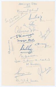 Pakistan inaugural tour to England 1954. Page nicely signed in ink by seventeen members of the Pakistan touring party. Signatures include A.H. Kardar (Captain), Shakoor Ahmed, Imtiaz Ahmed, Mohammad Aslam, Alim-ud-Din, M.E.Z. Ghazali, Zulfiqar Ahmed, Khal