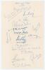 Pakistan inaugural tour to England 1954. Page nicely signed in ink by seventeen members of the Pakistan touring party. Signatures include A.H. Kardar (Captain), Shakoor Ahmed, Imtiaz Ahmed, Mohammad Aslam, Alim-ud-Din, M.E.Z. Ghazali, Zulfiqar Ahmed, Khal