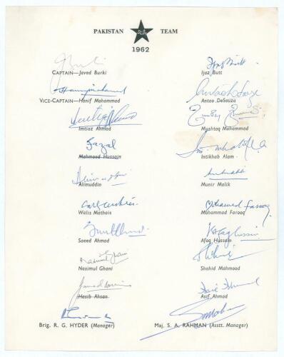 Pakistan tour of England 1962. Official autograph sheet with printed title and players&rsquo; names, nicely and fully signed in ink by all twenty members of the touring party. Players&rsquo; signatures are Burki (Captain), Hanif Mohammad, Imtiaz Ahmed, Fazal Mahmood,