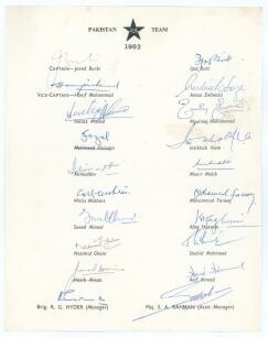 Pakistan tour of England 1962. Official autograph sheet with printed title and players&rsquo; names, nicely and fully signed in ink by all twenty members of the touring party. Players&rsquo; signatures are Burki (Captain), Hanif Mohammad, Imtiaz Ahmed, Fazal Mahmood,