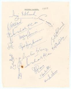 Pakistan Eaglets tour to England 1963. Plain page with typed title to top border, nicely signed in ink by all sixteen listed members of the Pakistan Eaglets touring party, the majority of whom went on to represent Pakistan at Test level. Signatures includ