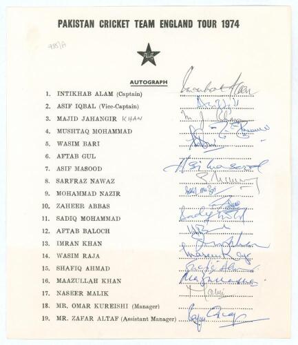 Pakistan tour to England 1974. Official autograph sheet with printed title and players&rsquo; names, fully signed in ink by eighteen listed members of the touring party. Signatures are Intikhab Alam (Captain), Asif Iqbal, Majid Khan, Mushtaq Mohammad, Wasim Bar