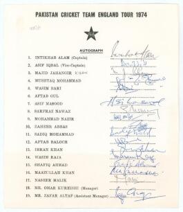 Pakistan tour to England 1974. Official autograph sheet with printed title and players&rsquo; names, fully signed in ink by eighteen listed members of the touring party. Signatures are Intikhab Alam (Captain), Asif Iqbal, Majid Khan, Mushtaq Mohammad, Wasim Bar