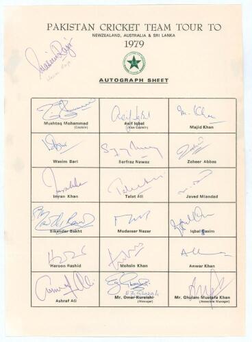 Pakistan tour to New Zealand, Australia & Sri Lanka 1979. Official autograph sheet fully signed by the eighteen members of the Pakistan touring party. Signatures are Mushtaq Mohammad (Captain), Asif Iqbal, Majid Khan, Wasim Bari, Sarfraz Nawaz, Zaheer Abb