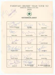 Pakistan tour to New Zealand, Australia & Sri Lanka 1979. Official autograph sheet fully signed by the eighteen members of the Pakistan touring party. Signatures are Mushtaq Mohammad (Captain), Asif Iqbal, Majid Khan, Wasim Bari, Sarfraz Nawaz, Zaheer Abb