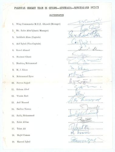 Pakistan tour to Ceylon, Australia and New Zealand 1972/73. Rare official autograph sheet with printed title and players&rsquo; names, signed in ink by nineteen listed members of the touring party. Signatures are Intikhab Alam (Captain), Asif Iqbal, Saeed Ahmed