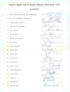 Pakistan tour to Ceylon, Australia and New Zealand 1972/73. Rare official autograph sheet with printed title and players&rsquo; names, signed in ink by nineteen listed members of the touring party. Signatures are Intikhab Alam (Captain), Asif Iqbal, Saeed Ahmed