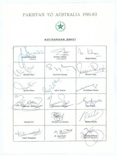 Pakistan tour to Australia 1981/82. Rarer official autograph sheet with printed title and players&rsquo; names, fully signed in ink by all seventeen of the listed playing members of the touring party. Signatures are Javed Miandad (Captain), Zaheer Abbas, Majid 