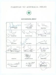 Pakistan tour to Australia 1981/82. Rarer official autograph sheet with printed title and players&rsquo; names, fully signed in ink by all seventeen of the listed playing members of the touring party. Signatures are Javed Miandad (Captain), Zaheer Abbas, Majid 
