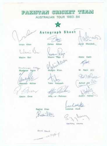 Pakistan tour to Australia 1983/84. Rarer official autograph sheet with printed title and players&rsquo; names, fully signed in ink by seventeen listed members of the touring party. Signatures are Imran Khan (Captain), Zaheer Abbas, Javed Miandad, Wasim Bari, W
