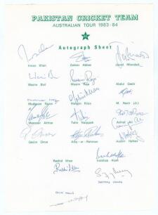 Pakistan tour to Australia 1983/84. Rarer official autograph sheet with printed title and players&rsquo; names, fully signed in ink by seventeen listed members of the touring party. Signatures are Imran Khan (Captain), Zaheer Abbas, Javed Miandad, Wasim Bari, W