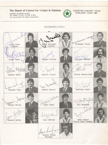 Pakistan tour to England 1987. Official autograph sheet with printed title and players&rsquo; names and images, fully signed in ink by all eighteen listed playing members of the touring party. Signatures are Imran Khan (Captain), Javed Miandad, Mudassar Nazar, 