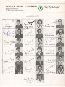 Pakistan tour to England 1987. Official autograph sheet with printed title and players&rsquo; names and images, fully signed in ink by all eighteen listed playing members of the touring party. Signatures are Imran Khan (Captain), Javed Miandad, Mudassar Nazar, 