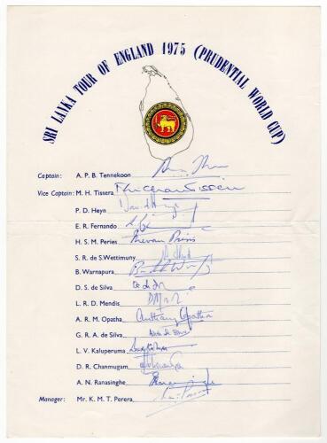 Sri Lanka tour of England (Prudential World Cup) 1975. Official autograph sheet for the Sri Lankan tour of England, fully signed in ink by all fifteen members of the touring party. Signatures are Tennekoon (Captain), Tissera, Heyn, Fernando, Peries, Wetti