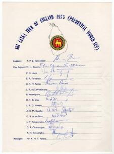 Sri Lanka tour of England (Prudential World Cup) 1975. Official autograph sheet for the Sri Lankan tour of England, fully signed in ink by all fifteen members of the touring party. Signatures are Tennekoon (Captain), Tissera, Heyn, Fernando, Peries, Wetti