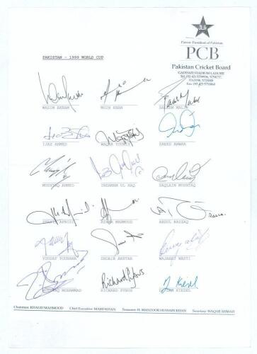 Pakistan &lsquo;World Cup&rsquo; 1999. Autograph sheet signed by eighteen of the members of the Pakistan touring party. Signatures include Wasim Akram (Cpt), Moin Khan, Malik, Waqar, Anwar, Mustaq Ahmed, Ul Haq, Afridi, Razzaq, Youhana, Shoaib Aktar etc. Good conditi