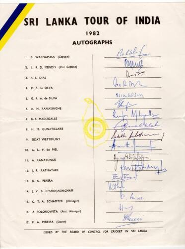 Sri Lanka tour to India 1982. Rarer official autograph sheet with printed title and players&rsquo; names, fully signed in ink by all seventeen listed members of the Sri Lanka touring party. Signatures are Warnapura (Captain), Mendis, Dias, D.S. de Silva, G.R.A.